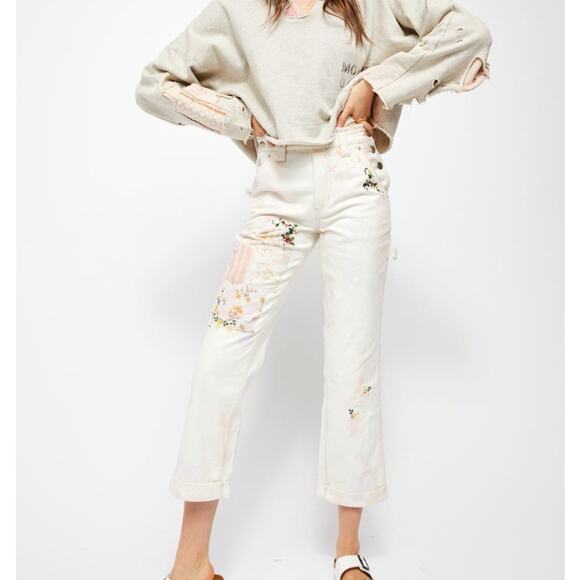 Free People Love Alive Vintage Floral Embroidered Patchwork Boyfriend Jeans 27 - Picture 1 of 14
